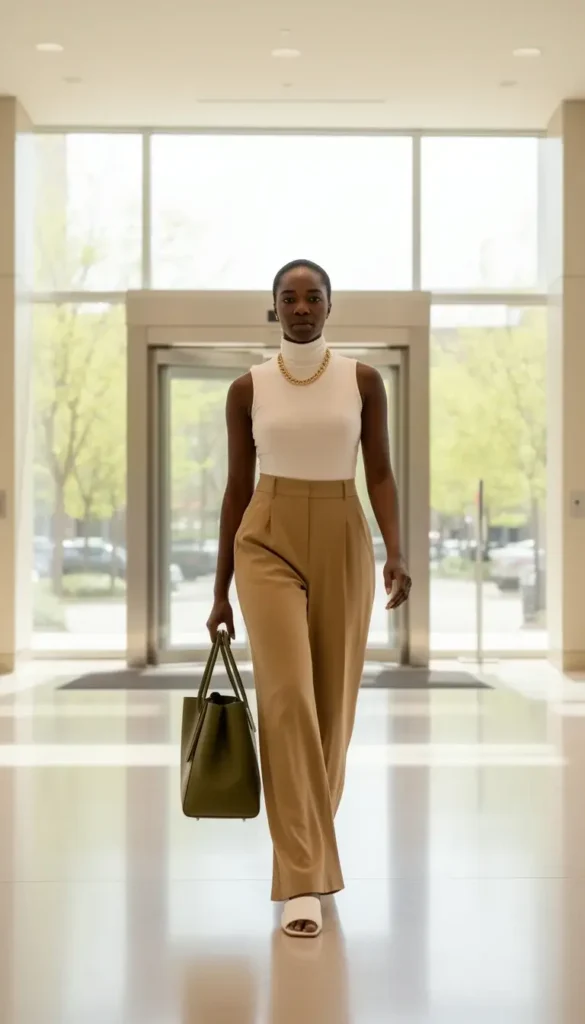 A Black woman in a sleeveless off-white turtleneck and flowing khaki wide-leg trousers walking across a bright office lobby with an olive green tote.