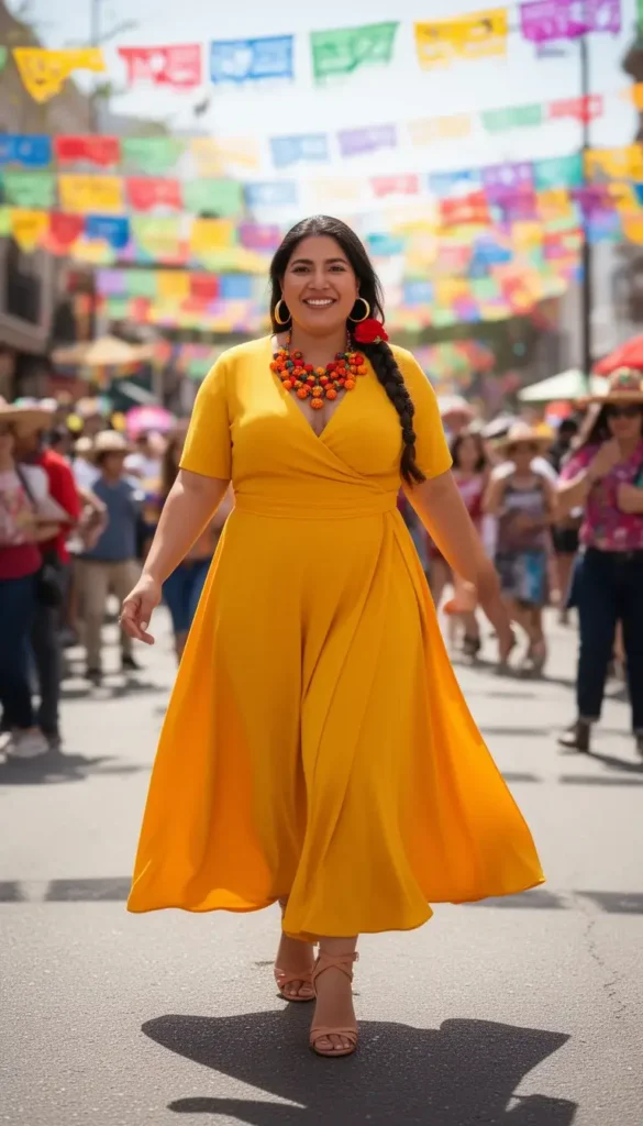 Curvy Latina woman in a marigold yellow wrap dress with a hand-beaded statement necklace at an outdoor Cinco de Mayo street celebration