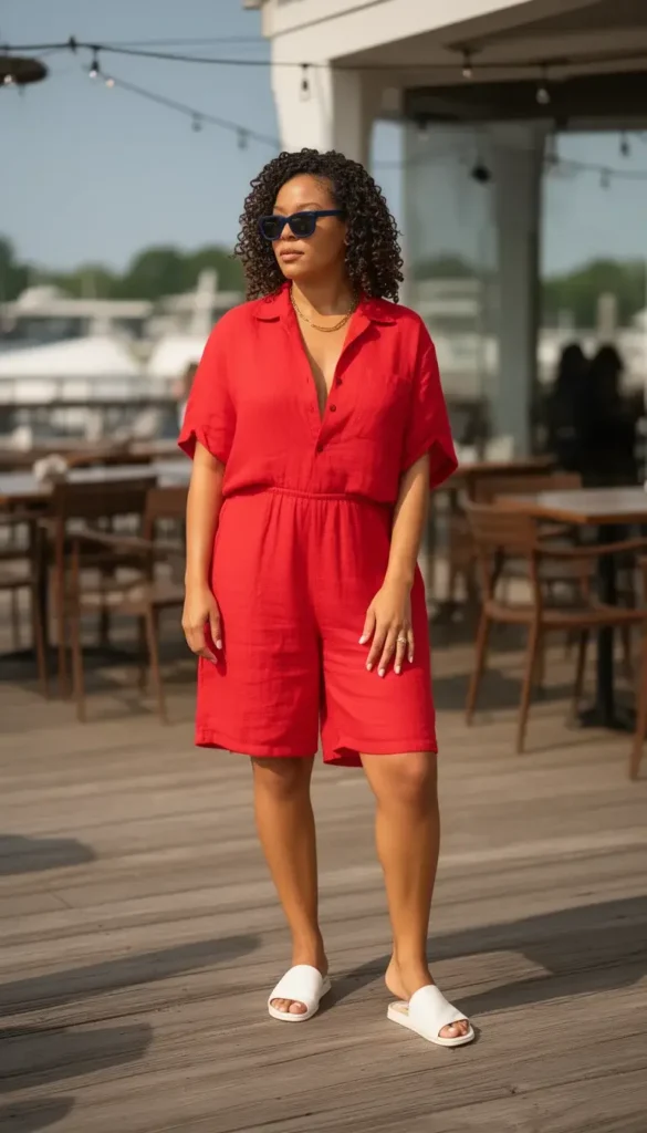 Woman in a red linen matching camp shirt and wide-leg shorts set with white leather slides and navy sunglasses on a sunny boardwalk.