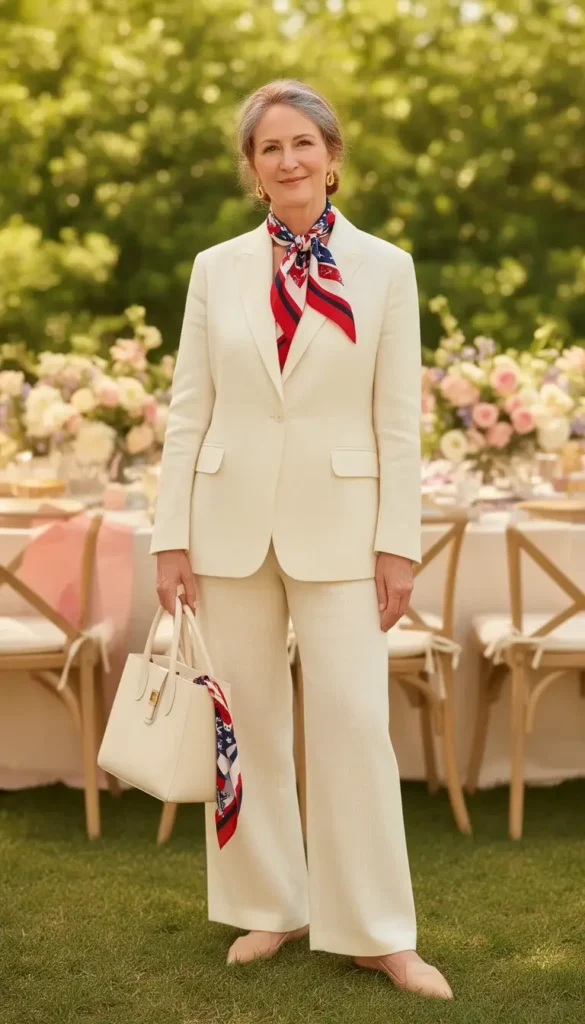 Silver-streaked woman in a cream linen trouser suit with a red white and navy silk scarf at a garden party summer brunch.