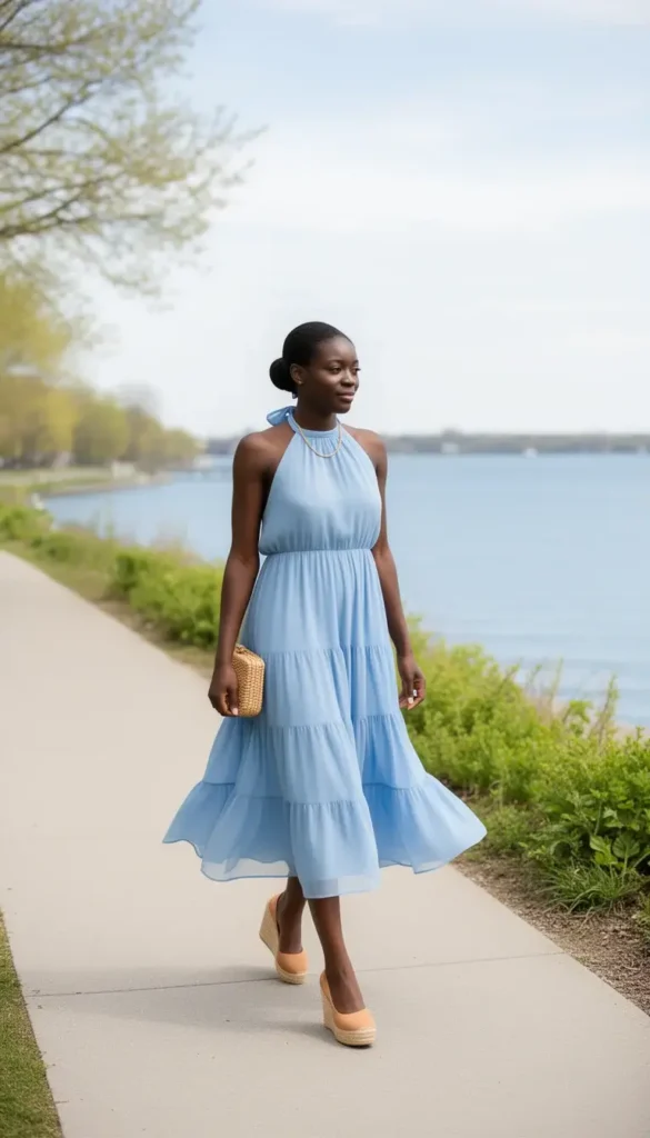 A tall woman in a powder blue halter-neck tiered chiffon midi dress walking along a waterfront promenade near a wedding venue, with a tan woven clutch.