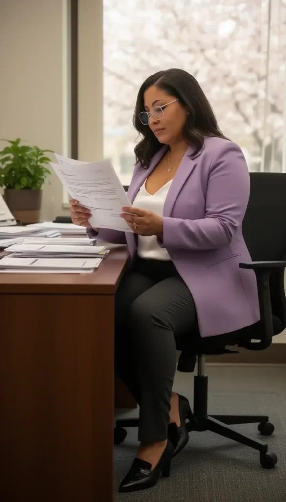 A woman in a lavender blazer, white camisole, and charcoal slim trousers reviewing a printed report at her office desk with natural window light.