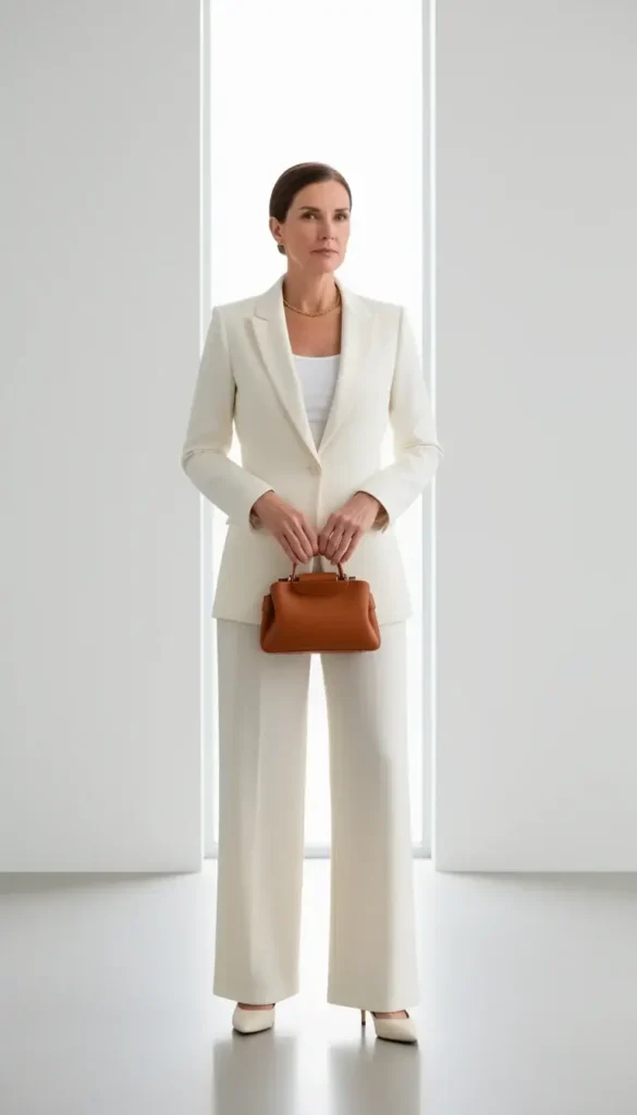 White woman in her 40s wearing a tonal ivory blazer and wide-leg trousers in a clean modern interior