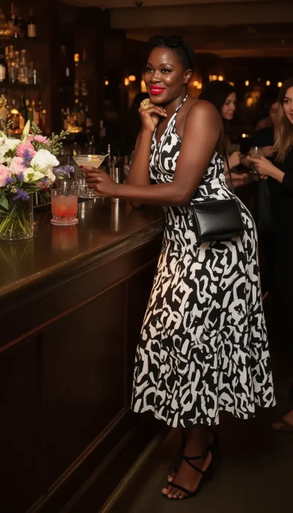 A Black woman in a bold black and white abstract print halter neck midi dress ordering cocktails at an upscale bar, with a red lip and oversized sunglasses pushed up on her head.