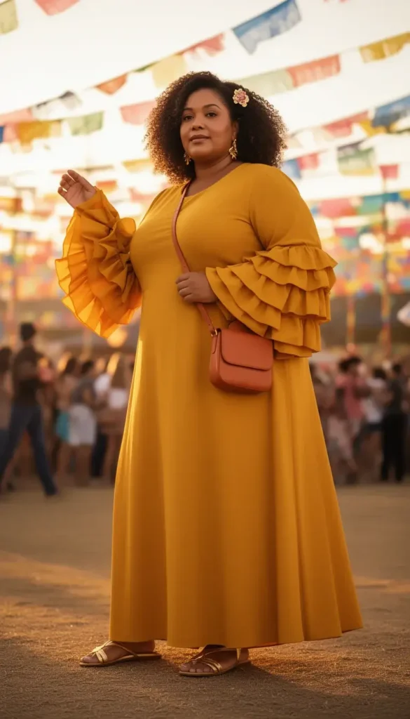 Plus-size woman in a saffron yellow A-line maxi with dramatic bishop sleeves and gold sandals at a colorful outdoor fiesta.