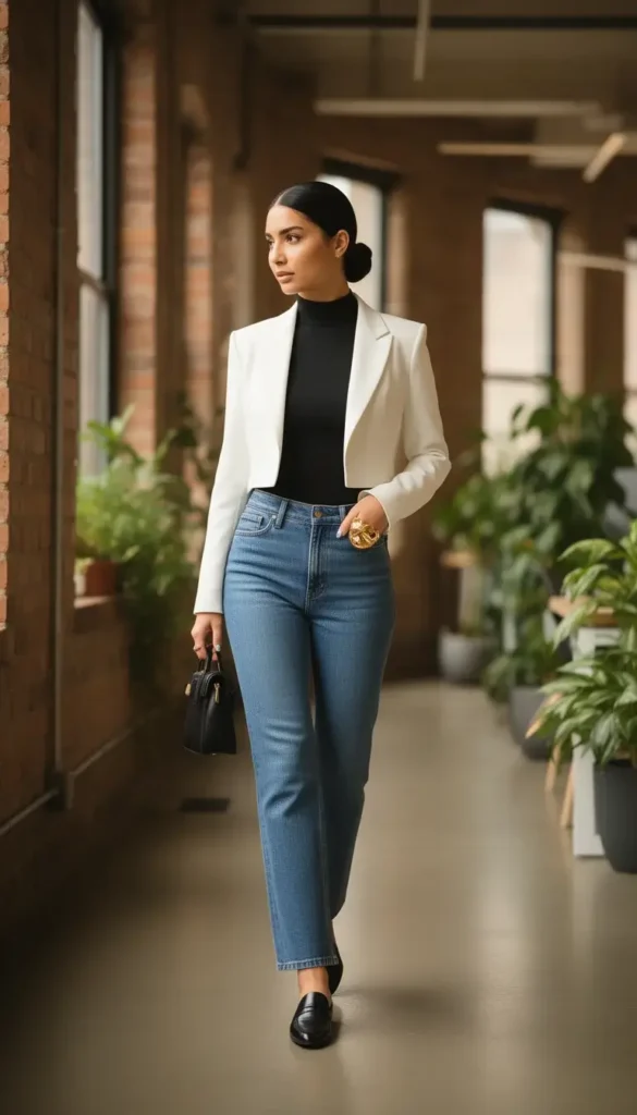 Petite woman in a cropped white blazer, black mock-neck, and barrel-leg jeans with black loafers in a creative office corridor.