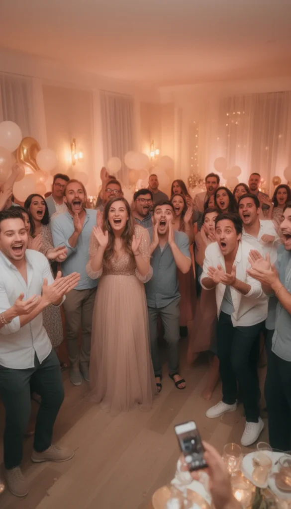 Guests reacting in surprise during an engagement reveal party