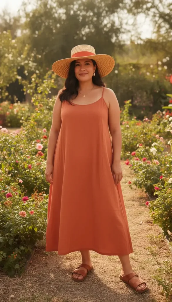 Curvy Latina woman in a terracotta linen sundress and huarache sandals at a casual outdoor Cinco de Mayo garden celebration