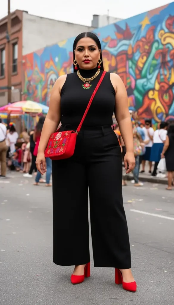 Chicana woman in black wide-leg trousers with red heeled mules and embroidered crossbody bag in a Chicana street style Cinco de Mayo look