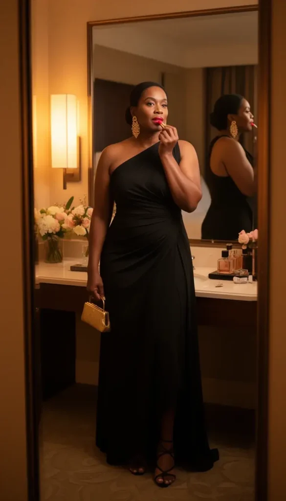 A Black woman in a dramatic one-shoulder black crepe gown applying red lipstick at a hotel vanity mirror before a Mother's Day evening celebration.