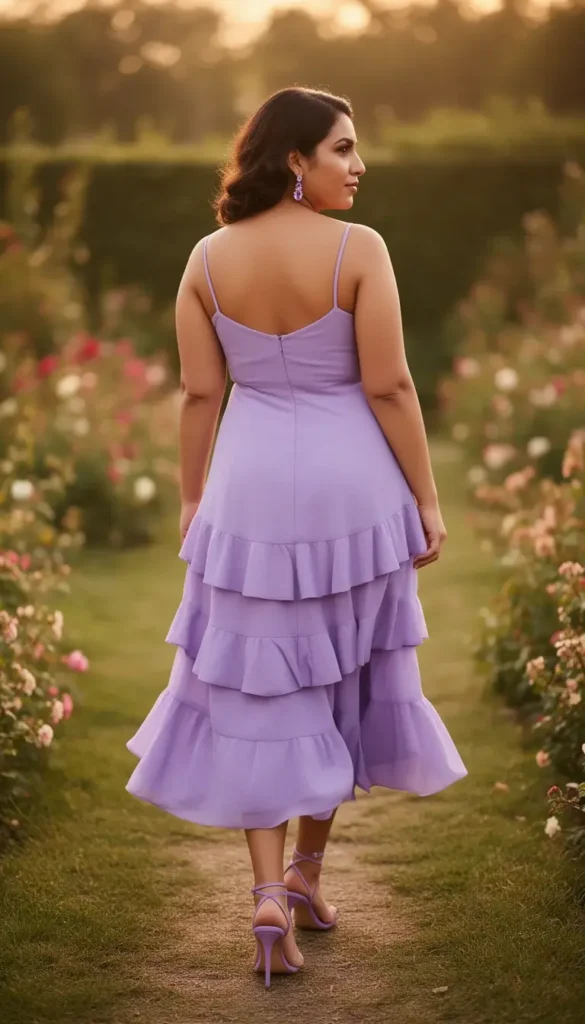 A woman in a lilac ruffle-tier midi dress looking over her shoulder while walking through a spring garden at a wedding venue.