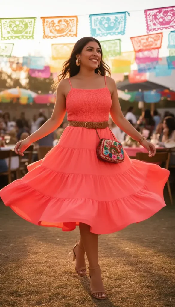 Latina woman in a bright coral tiered ruffle midi dress mid-spin at an outdoor Cinco de Mayo celebration