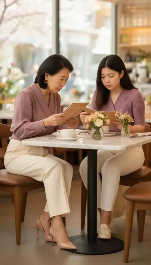 A mother in a mauve wrap blouse and cream trousers and her teenage daughter in a matching mauve wrap-neck knit top and cream jeans looking at menus during a Mother's Day brunch.