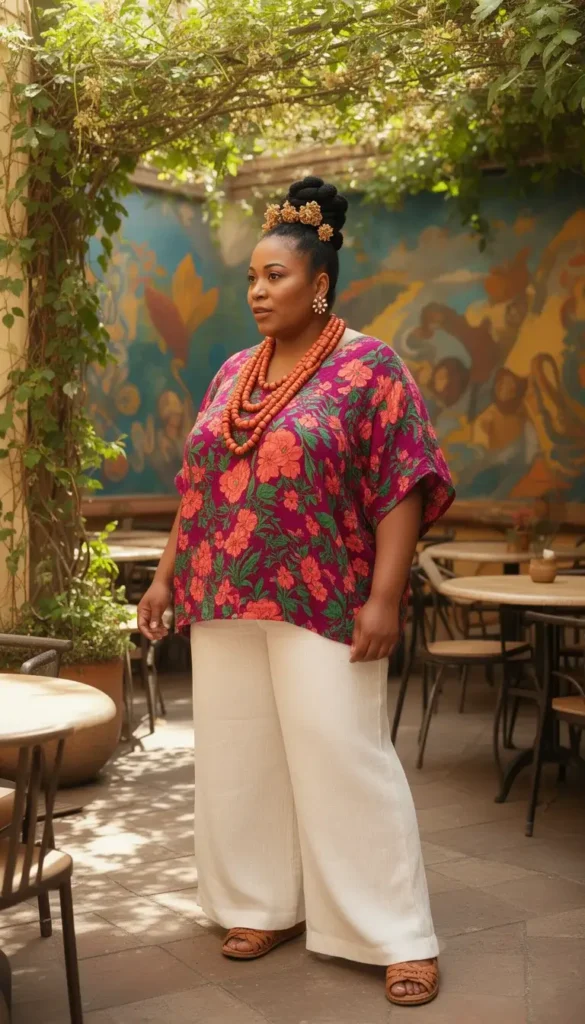 Full-figured woman in a Frida-inspired floral blouse and ivory wide-leg linen trousers styled with braided updo and bead necklaces.