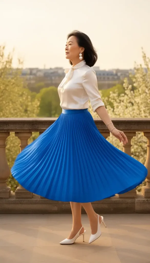 An East Asian woman in an electric blue pleated midi skirt and white silk tie-collar blouse caught mid-twirl on a stone terrace, pleated skirt fanned in motion.