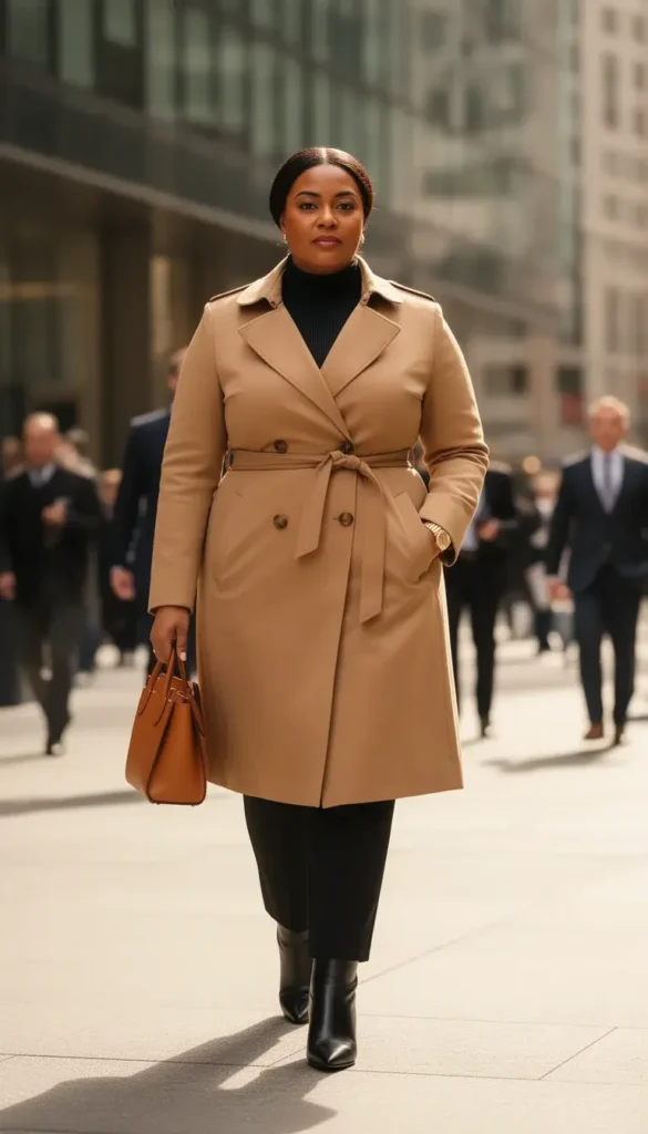 Full-figured woman in a belted camel trench coat with collar up, black turtleneck, and pointed ankle boots on a city office street.