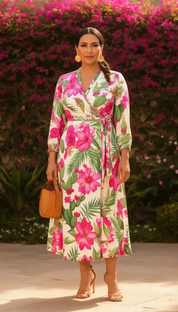 Latina woman in a bold botanical wrap dress featuring cactus flowers and bougainvillea at a garden Cinco de Mayo party