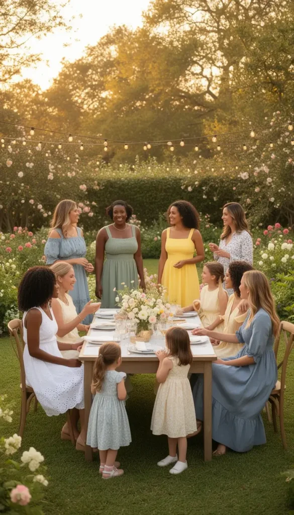 Multiple mother-daughter pairs in coordinating spring outfits gathered at a garden party on Mother's Day, in warm late afternoon golden light.