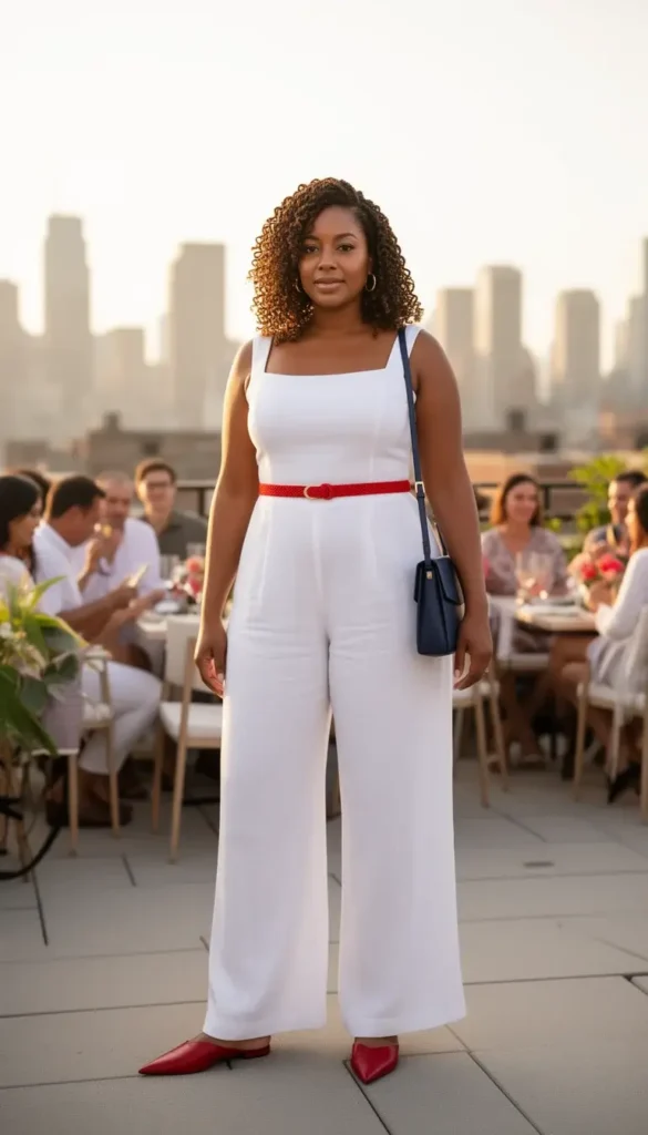 Curvy woman in a white linen wide-leg jumpsuit with a red woven belt and navy bag on a rooftop summer gathering.