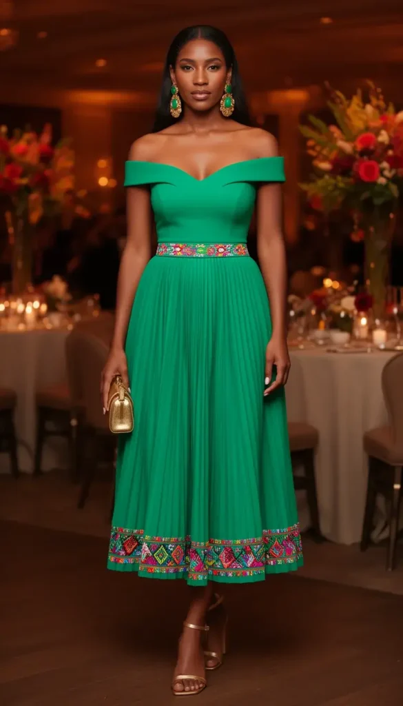 Tall Black Latina woman in a vivid jade green off-shoulder pleated midi dress with embroidered trim at an elegant Cinco de Mayo gala