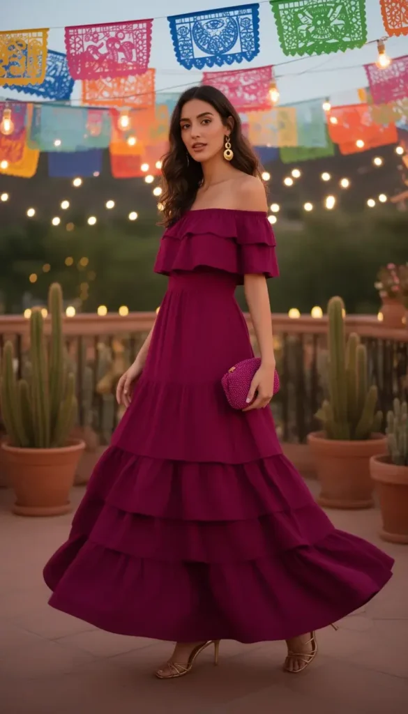 Tall woman in a deep magenta off-shoulder tiered ruffle maxi dress with gold sandals on a festive outdoor terrace.