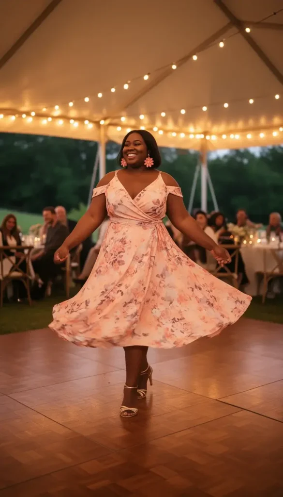 A plus-size woman in a blush floral off-shoulder maxi dress twirling on an outdoor reception dance floor under fairy lights.