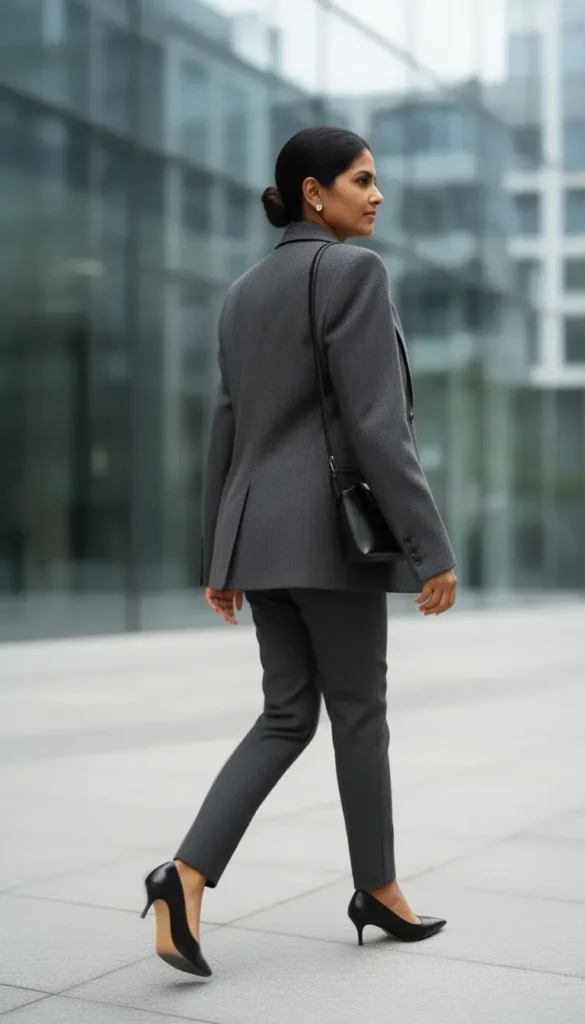 South Asian woman in a charcoal grey suit captured mid-stride in an over-the-shoulder walking shot