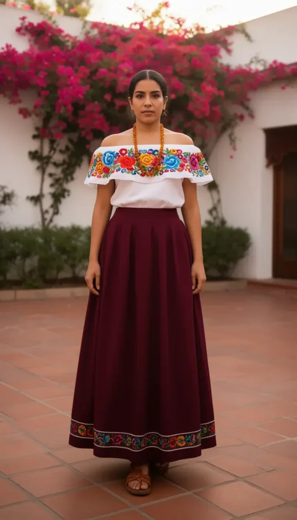 Chicana woman in a white Tehuana-inspired embroidered off-shoulder blouse and deep burgundy full skirt in a terracotta courtyard
