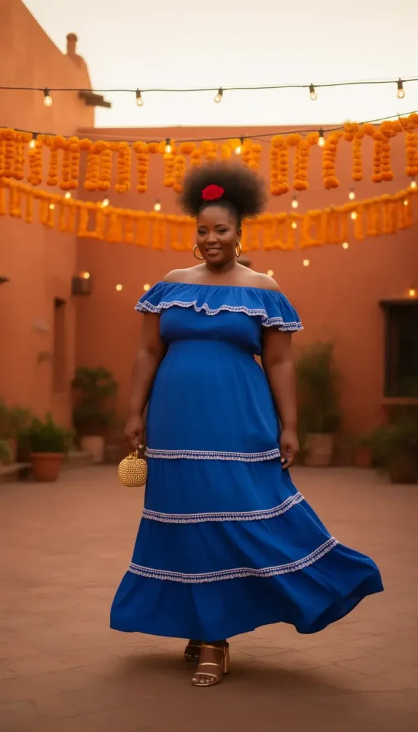 Plus-size woman with natural hair wearing a cobalt blue off-shoulder tiered ruffle maxi dress with gold sandals at a hacienda courtyard.