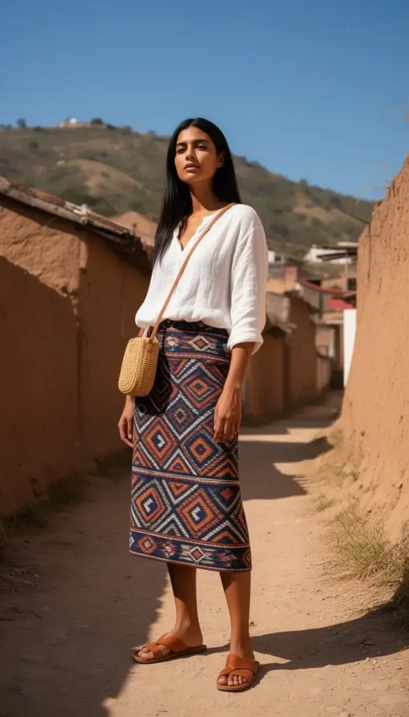 Woman wearing a Zapotec-patterned indigo and cream midi skirt with a loose white blouse on a hillside village path in Oaxaca.