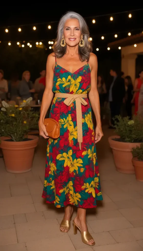 Woman in her 50s in a vibrant tropical floral sundress with a woven belt and gold heeled mules at an outdoor string-light patio party.