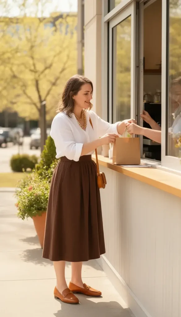 A woman in a white linen shirt and chocolate brown pleated A-line midi skirt picking up a takeaway order at an outdoor café window near her office.