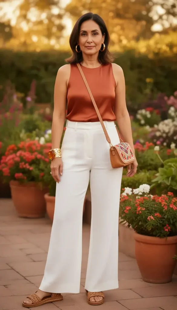 Mexican-American woman in white wide-leg linen trousers with authentic huarache sandals and terracotta tank at a garden Cinco de Mayo event