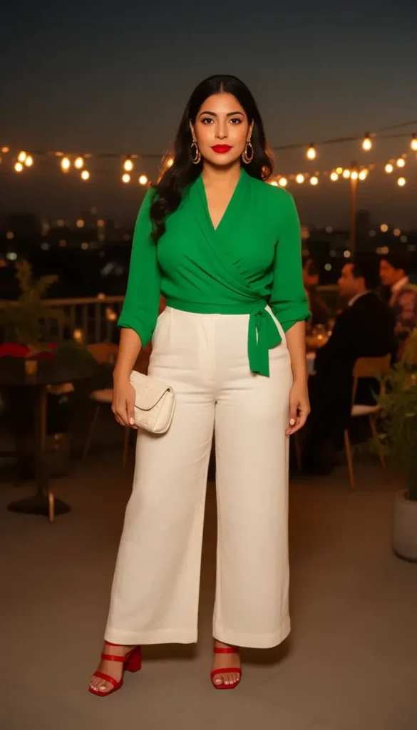 Latina woman in an emerald green wrap blouse with cream trousers and red sandals in a subtle Mexican flag tricolor outfit at a Cinco de Mayo rooftop