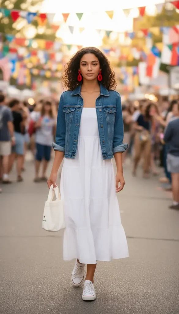 Young woman in a denim jacket over a white tiered midi dress with bold red earrings and white sneakers at a summer street fair.