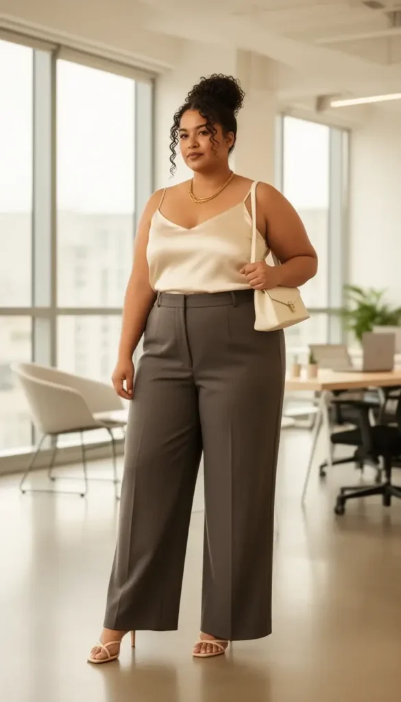 Full-figured woman in an ivory silk camisole tucked into wide-leg charcoal trousers with nude heeled sandals in a bright modern office.