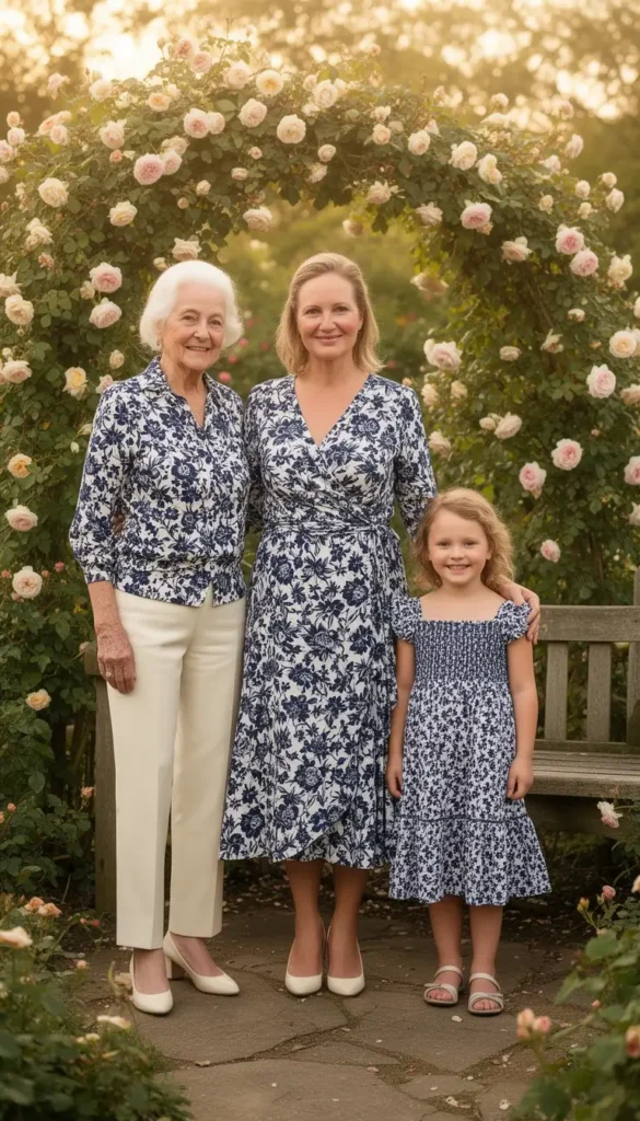 A grandmother, mother, and young daughter in a three-generation portrait in a rose garden, each wearing navy and white floral outfits suited to their age.