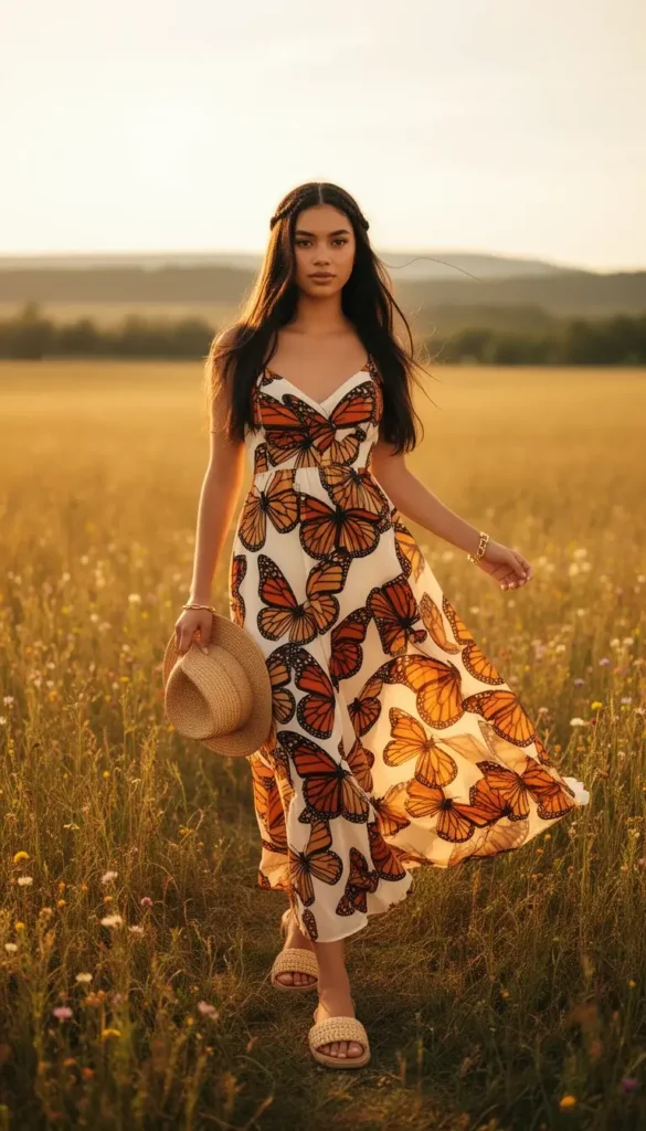 Petite woman in a monarch butterfly print sundress in cream and burnt orange, standing in a golden meadow at golden hour.
