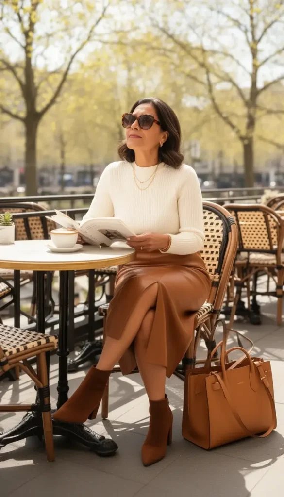 A woman in a caramel leather midi skirt and ivory ribbed knit top seated at a sunlit outdoor café with tortoiseshell sunglasses and layered gold chains.