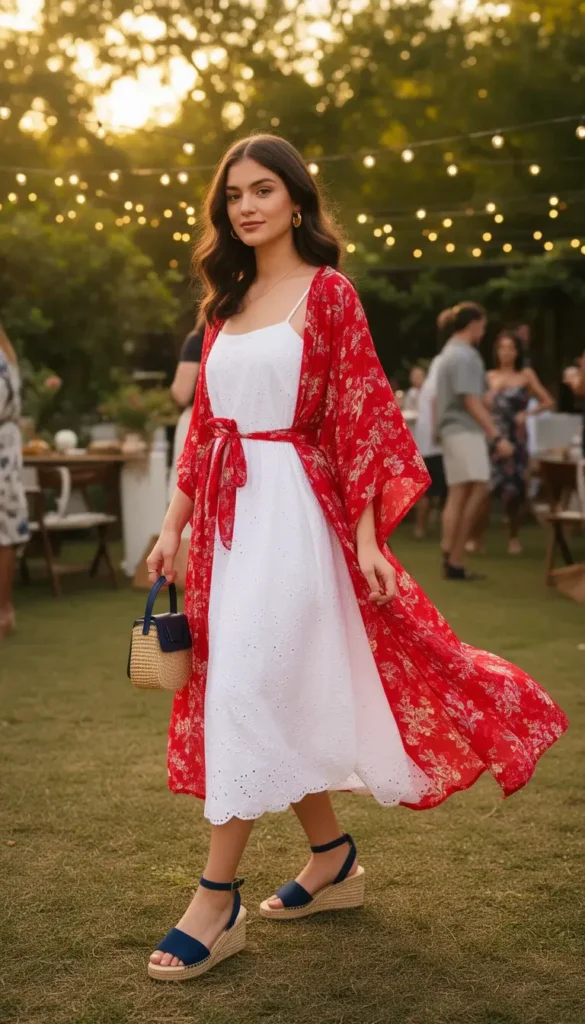 Young woman in a white sundress and open red kimono with navy espadrille wedges at a summer outdoor gathering.