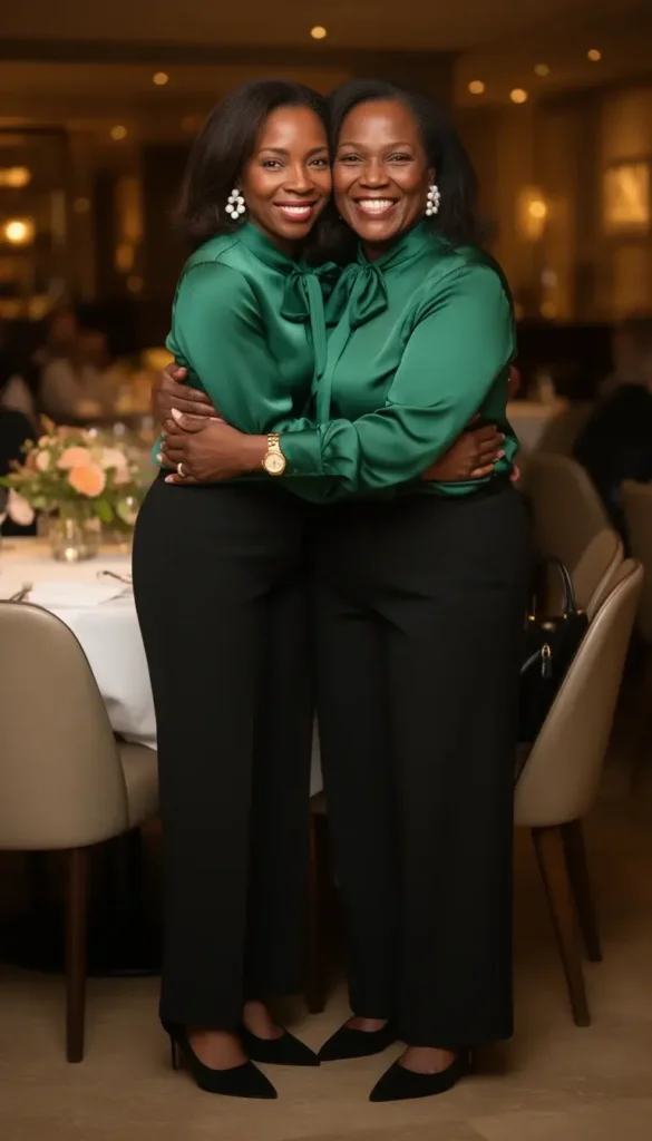 A Black woman in a forest green pussy bow silk blouse and black wide-leg trousers sharing a warm hug with her adult daughter at a Mother's Day restaurant celebration.
