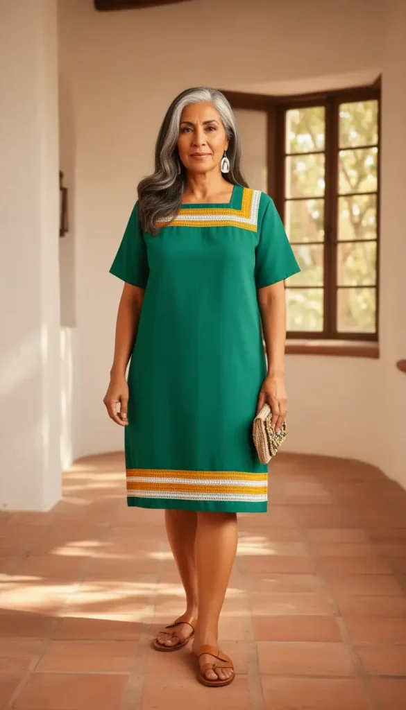 Petite woman with silver-streaked hair wearing a jade green huipil-inspired shift dress in a white-walled hacienda.