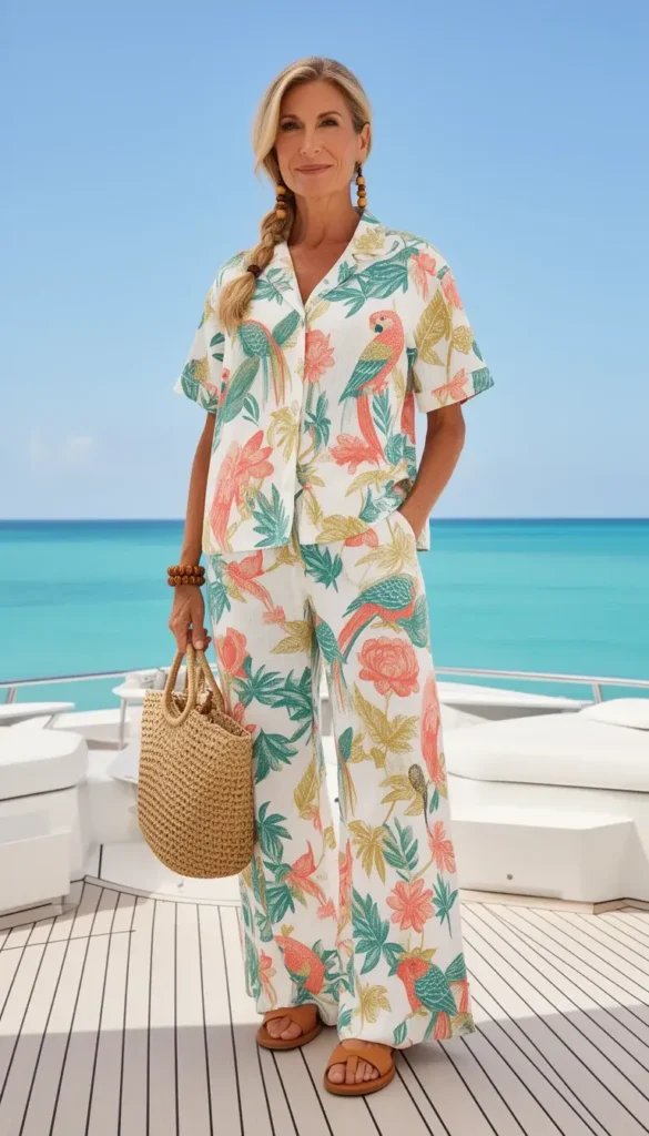 Woman in a white linen tropical folk art print resort set with parrot and floral motifs on a yacht deck with turquoise water behind her.