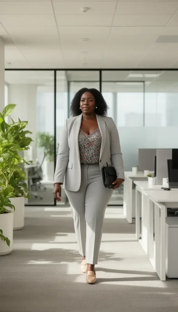 A curvy Black woman in a light grey blazer and matching trousers over a floral silk camisole walking through a bright modern office toward a meeting room.