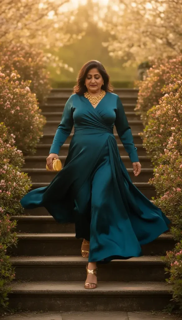 A South Asian woman in a deep teal satin palazzo jumpsuit with a sculptural gold collar necklace descending stone garden steps in warm afternoon light.