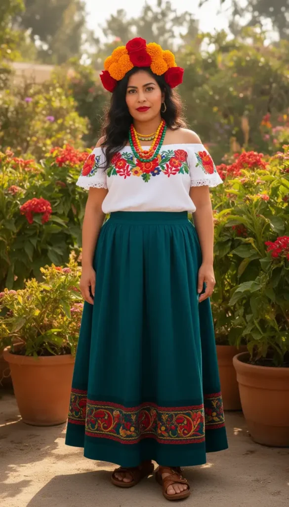 Chicana woman with a fresh marigold floral crown and embroidered white blouse paired with a deep teal embroidered skirt