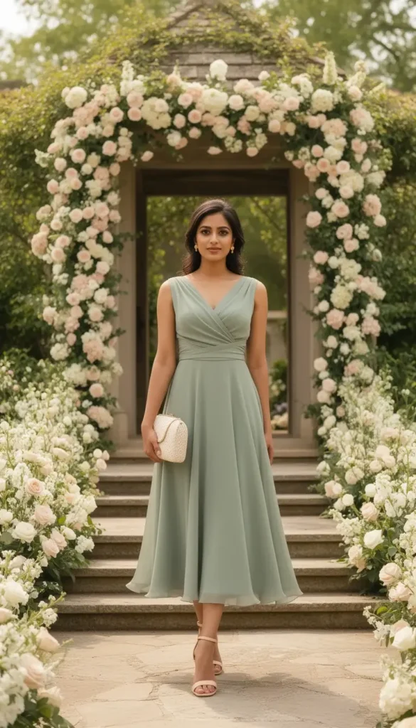 A woman in a sage green chiffon midi wrap dress standing outside a floral wedding venue entrance, wearing nude heels and holding an ivory clutch.