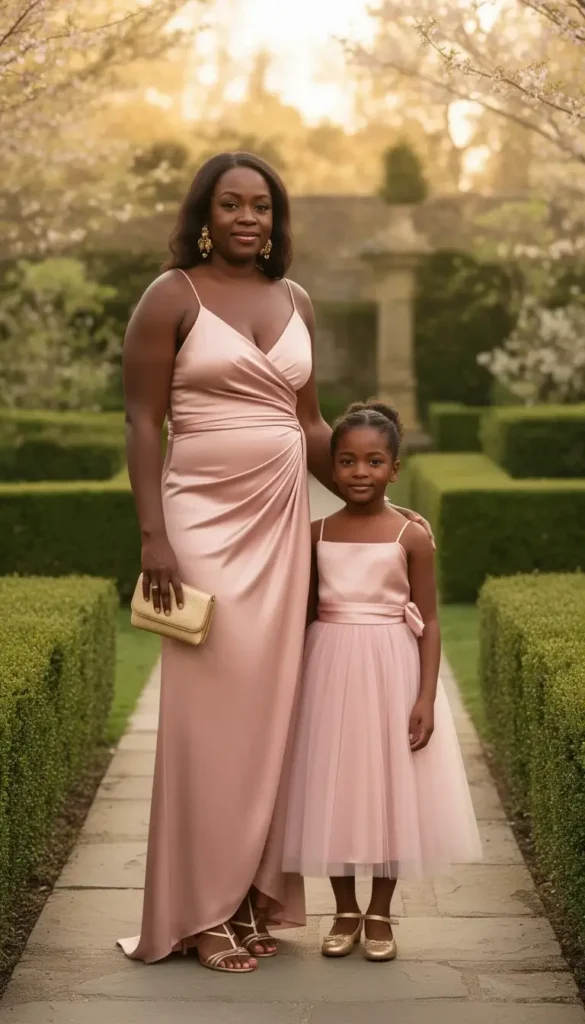 A mother in a blush pink satin floor-length wrap dress and her daughter in a matching blush satin party dress with tulle standing at a formal garden entrance on Mother's Day.