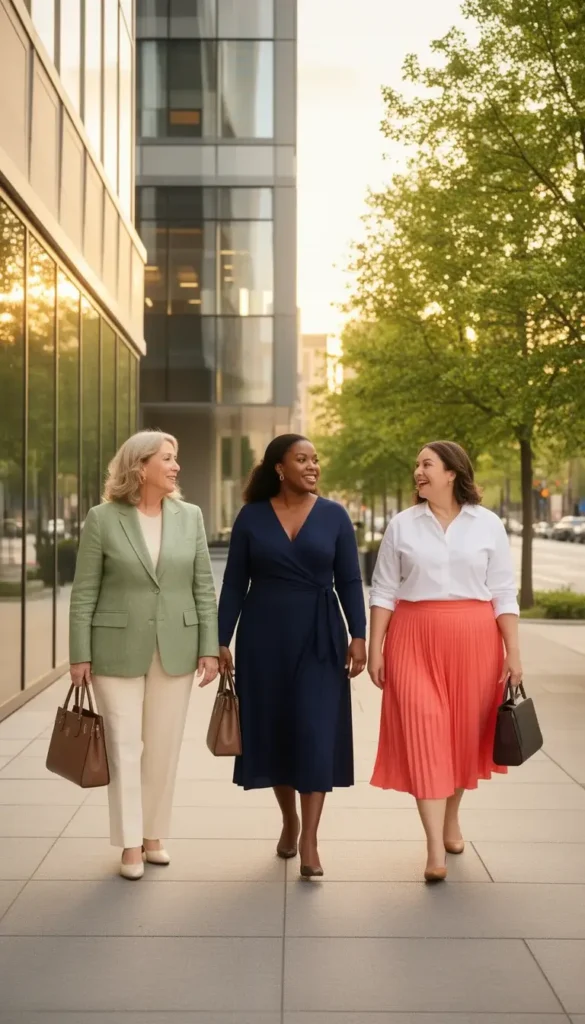 Three women in varied spring business casual outfits leaving a modern office building together in warm afternoon light, each carrying a structured bag.