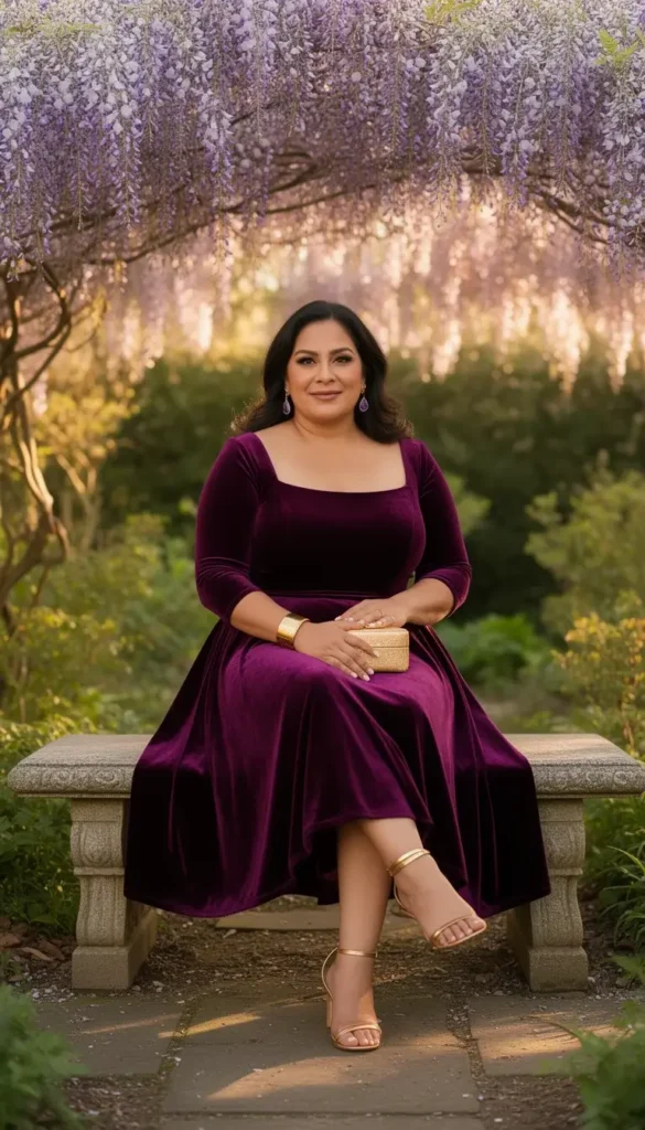 A woman in a deep plum velvet midi dress seated on a stone garden bench under flowering wisteria, wearing gold heeled sandals and amethyst earrings.